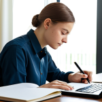 A focused professional Dutch student, wearing a modest, neatly ironed button-down shirt and tailored trousers, is seated at a clean, organized desk in a modern, well-lit study room. The student is actively writing notes in a physical notebook, with an open financial textbook and a laptop displaying a complex financial model beside them. The setting is calm and conducive to deep concentration, with natural light filtering through a window. The image should convey a sense of productive solitude and determination.
safe for work, appropriate content, fully clothed, professional dress, perfect anatomy, correct proportions, natural pose, well-formed hands, proper finger count, natural body proportions, high quality, professional photography.