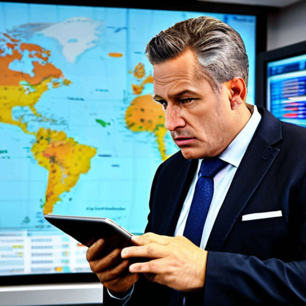 Geopolitieke Onrust (Geopolitical Unrest)**
A concerned-looking financial advisor in a modern office setting, studying a news report on a tablet depicting a stylized world map with subtle storm clouds. Background includes stock market tickers displaying moderate volatility. The advisor is fully clothed in professional attire. Safe for work. Appropriate content. Professional. Perfect anatomy, correct proportions, natural pose.
**