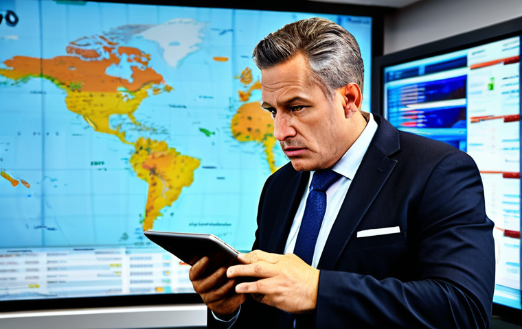 Geopolitieke Onrust (Geopolitical Unrest)**
A concerned-looking financial advisor in a modern office setting, studying a news report on a tablet depicting a stylized world map with subtle storm clouds. Background includes stock market tickers displaying moderate volatility. The advisor is fully clothed in professional attire. Safe for work. Appropriate content. Professional. Perfect anatomy, correct proportions, natural pose.
**