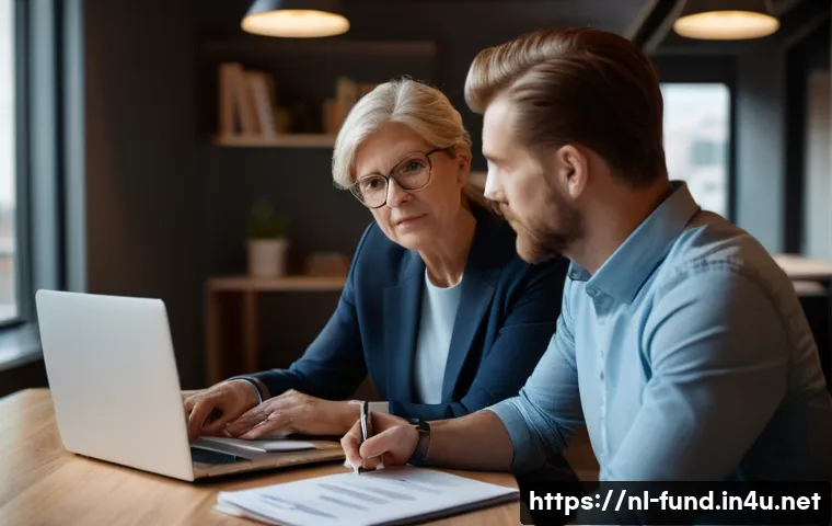 펀드투자상담사와 고객 관계 구축 비결 - A professional Dutch financial advisor attentively listening to a middle-aged couple in a modern Ams...