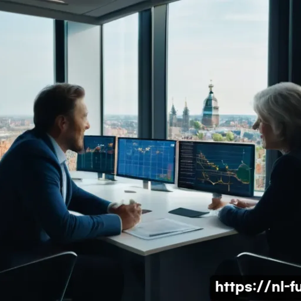 펀드투자상담사와 금융 상품 설계 사례 - A professional Dutch financial advisor in a modern office setting, discussing investment portfolios ...