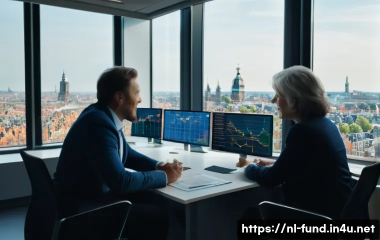 펀드투자상담사와 금융 상품 설계 사례 - A professional Dutch financial advisor in a modern office setting, discussing investment portfolios ...