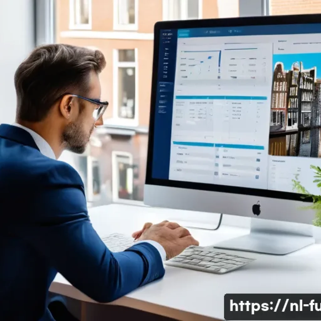 펀드투자상담사 고객 관리 체크리스트 - A professional financial advisor sitting at a modern office desk in Amsterdam, reviewing detailed cl...