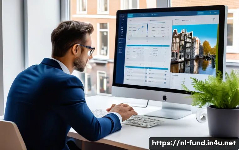 펀드투자상담사 고객 관리 체크리스트 - A professional financial advisor sitting at a modern office desk in Amsterdam, reviewing detailed cl...
