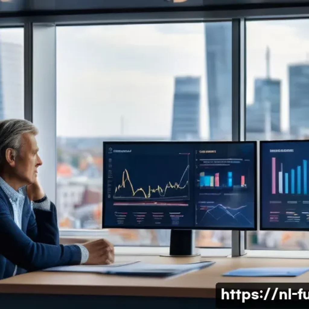 펀드투자상담사와 보험 상품의 차이 - A professional Dutch financial advisor sitting at a modern office desk with multiple digital screens...