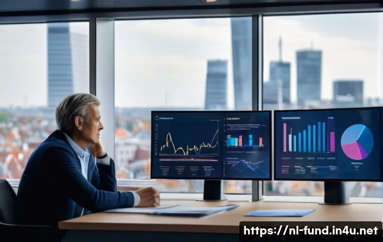 펀드투자상담사와 보험 상품의 차이 - A professional Dutch financial advisor sitting at a modern office desk with multiple digital screens...