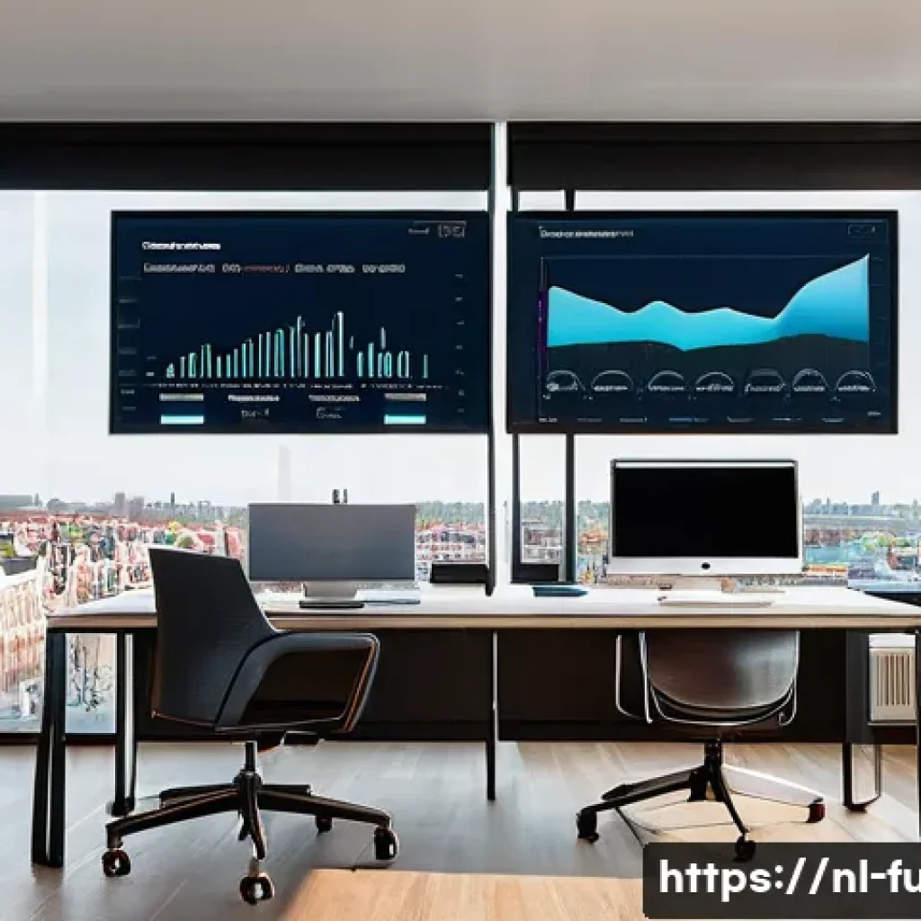 펀드투자상담사 실무에서의 주요 도구 - A modern Dutch financial advisor’s office featuring multiple large screens displaying real-time port...