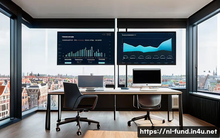 펀드투자상담사 실무에서의 주요 도구 - A modern Dutch financial advisor’s office featuring multiple large screens displaying real-time port...