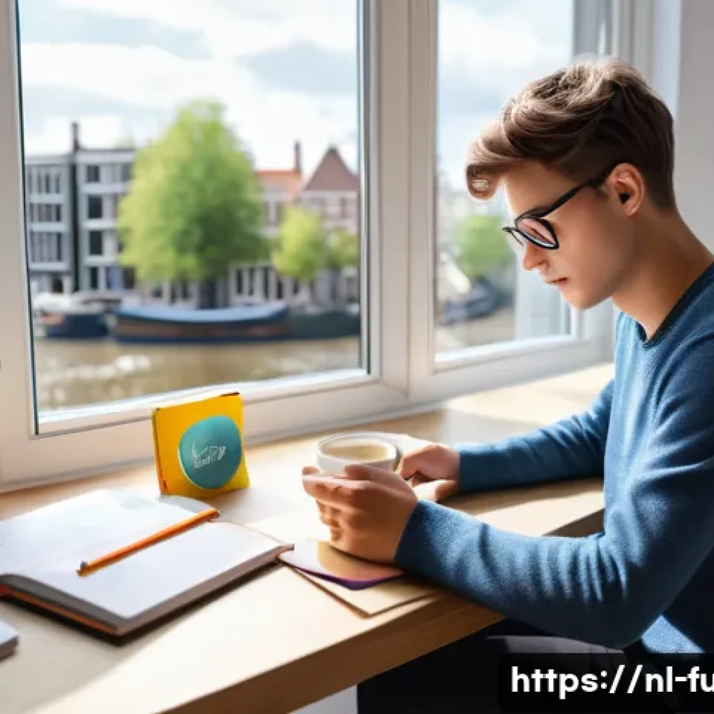 펀드투자상담사 시험 공부 스케줄 짜는 법 - A cozy Dutch student&rsquo;s study corner in a modern apartment with large windows showing Amsterdam canal...
