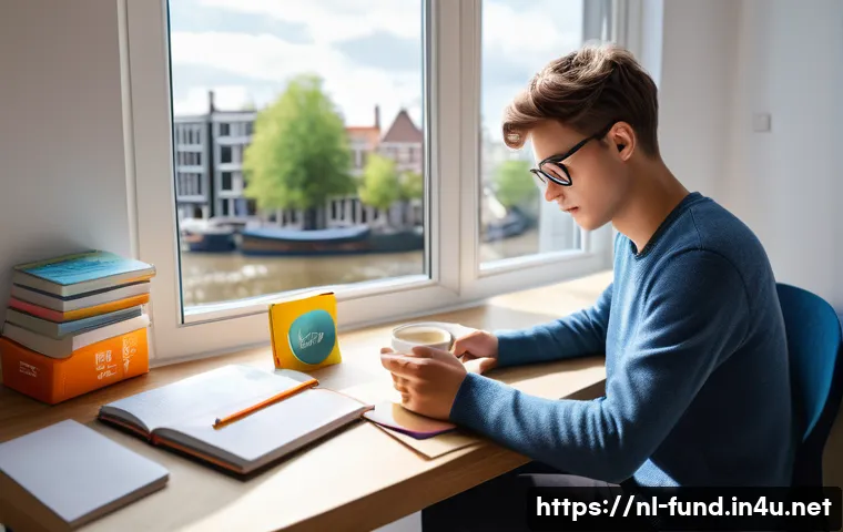 펀드투자상담사 시험 공부 스케줄 짜는 법 - A cozy Dutch student’s study corner in a modern apartment with large windows showing Amsterdam canal...