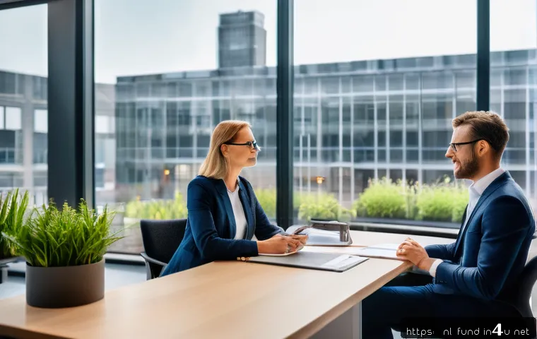 펀드투자상담사 자격증으로 진출 가능한 분야 - A professional Dutch financial advisor in a modern bank office in Amsterdam, wearing smart business ...