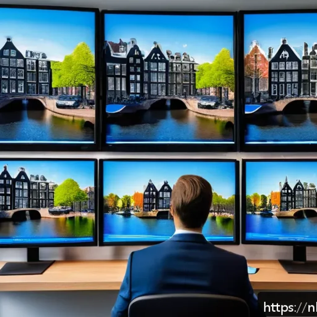 펀드투자상담사 실무 노하우 공유 - A professional Dutch financial advisor in a modern Amsterdam office, surrounded by multiple screens ...