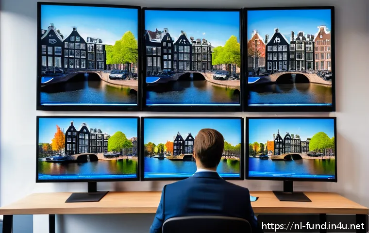 펀드투자상담사 실무 노하우 공유 - A professional Dutch financial advisor in a modern Amsterdam office, surrounded by multiple screens ...