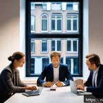 Home 22 펀드투자상담사로서 금융 기술 활용 사례 - A modern financial advisor’s office in Amsterdam with a large digital touchscreen displaying complex...