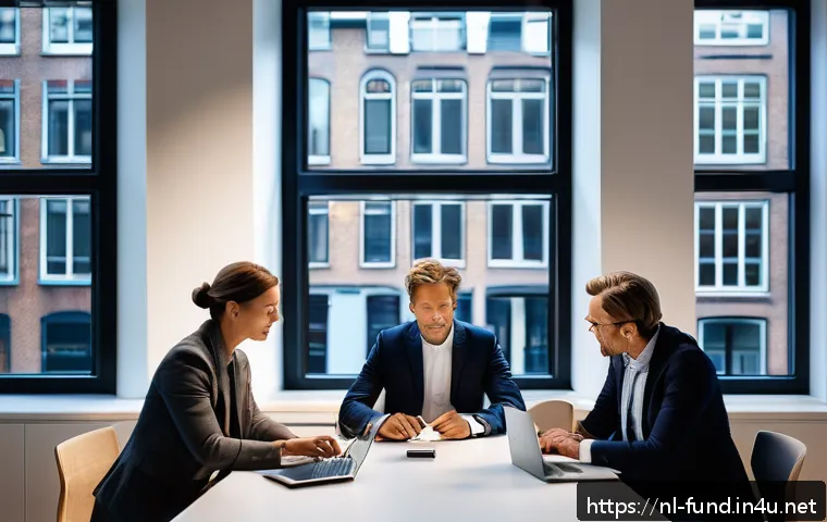 펀드투자상담사로서 금융 기술 활용 사례 - A modern financial advisor’s office in Amsterdam with a large digital touchscreen displaying complex...