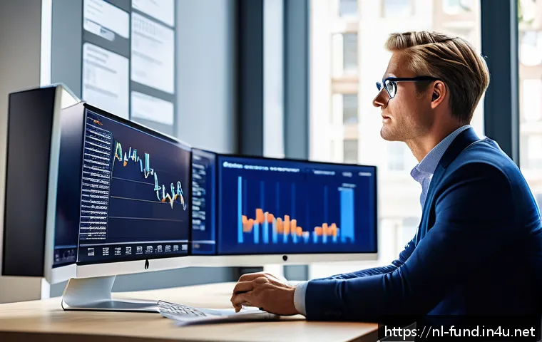 펀드투자상담사와 금융 데이터 분석 사례 - A professional Dutch financial advisor in a modern Amsterdam office, analyzing multiple digital scre...