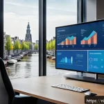 Home 23 펀드투자상담사와 연관된 기술적 변화 - A modern financial advisor’s office in Amsterdam, featuring a sleek digital dashboard displaying rea...