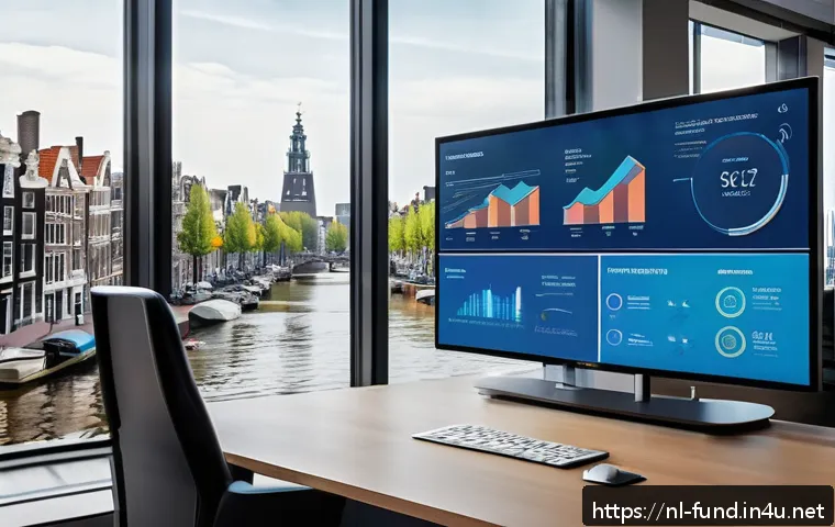 펀드투자상담사와 연관된 기술적 변화 - A modern financial advisor’s office in Amsterdam, featuring a sleek digital dashboard displaying rea...