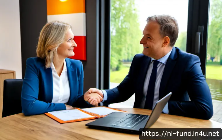 펀드투자상담사로서 고객 신뢰를 얻는 법 - Photorealistic Dutch financial advisor in a modern Amsterdam consultation office, warmly greeting a ...
