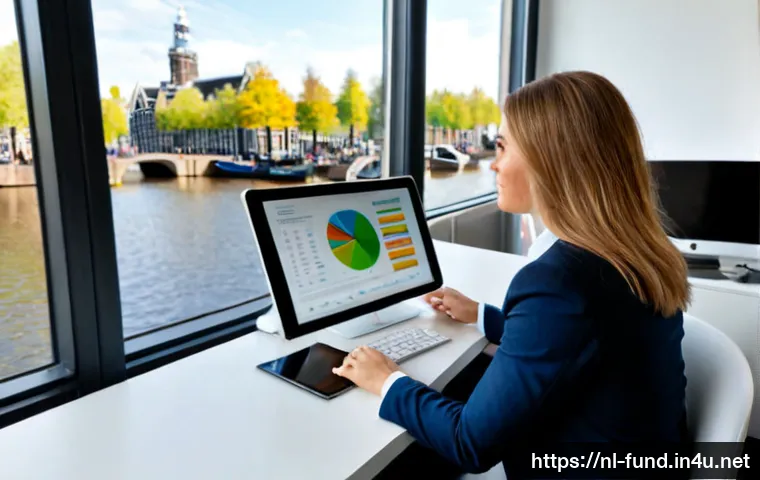 Home 30 펀드투자상담사 업무 효율성을 높이는 도구 - Photorealistic Dutch investment adviser in a bright modern Amsterdam office, efficiently reviewing a...