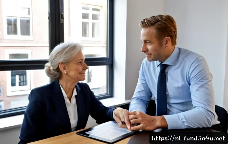 펀드투자상담사 업무에서의 윤리와 책임 - Photorealistic Dutch financial adviser in a modern Amsterdam office, calmly meeting an older Dutch c...
